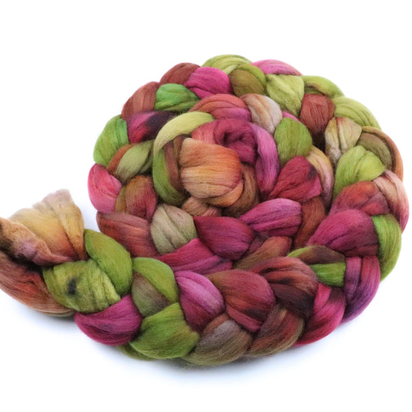 Superfine merino wool roving fiber braid hand dyed in vibrant colorway